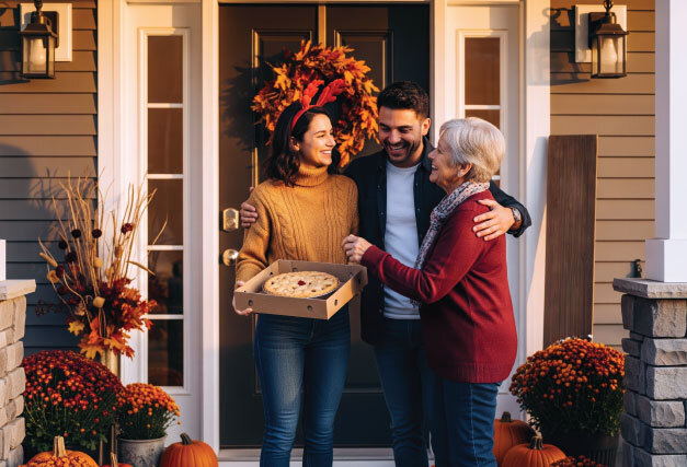 family-outside-home-on-autumn-day-with-pie