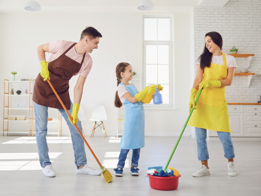 family cleaning home