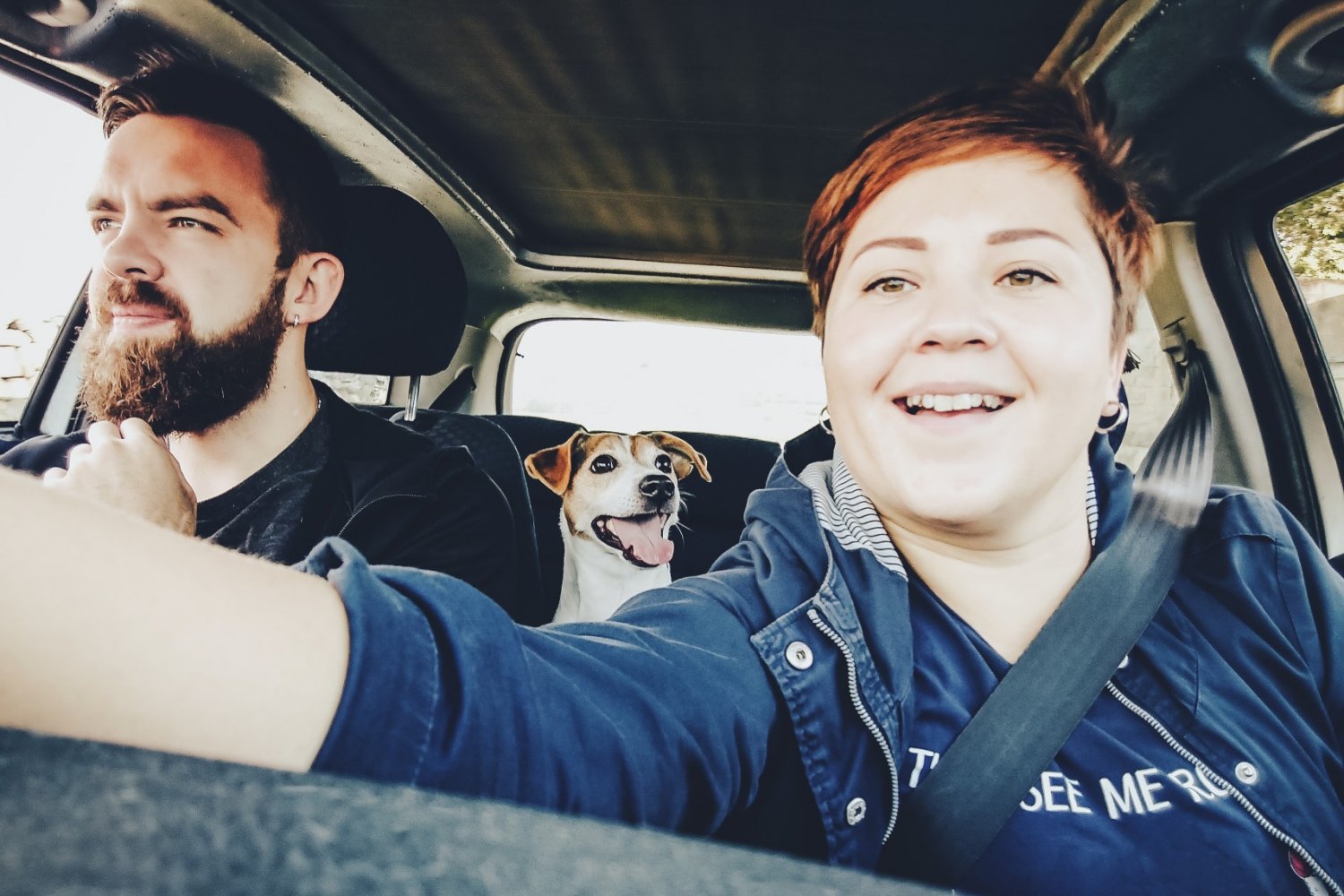 family with dog happy in the car