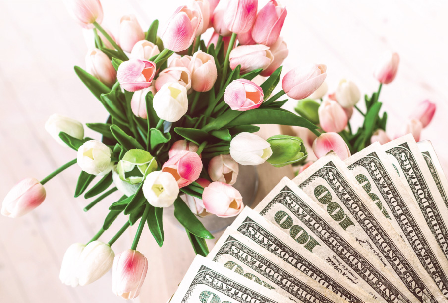 spring tulips with money